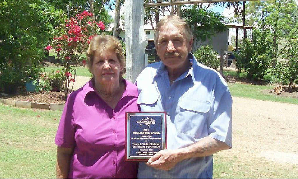 Vicki and Terry Gilshnan outside Gemseekers Caravan Park with their Queensland Caravan Parks award. Vicki and Terry Gilshnan outside Gemseekers Caravan Park with their Queensland Caravan Parks award.
